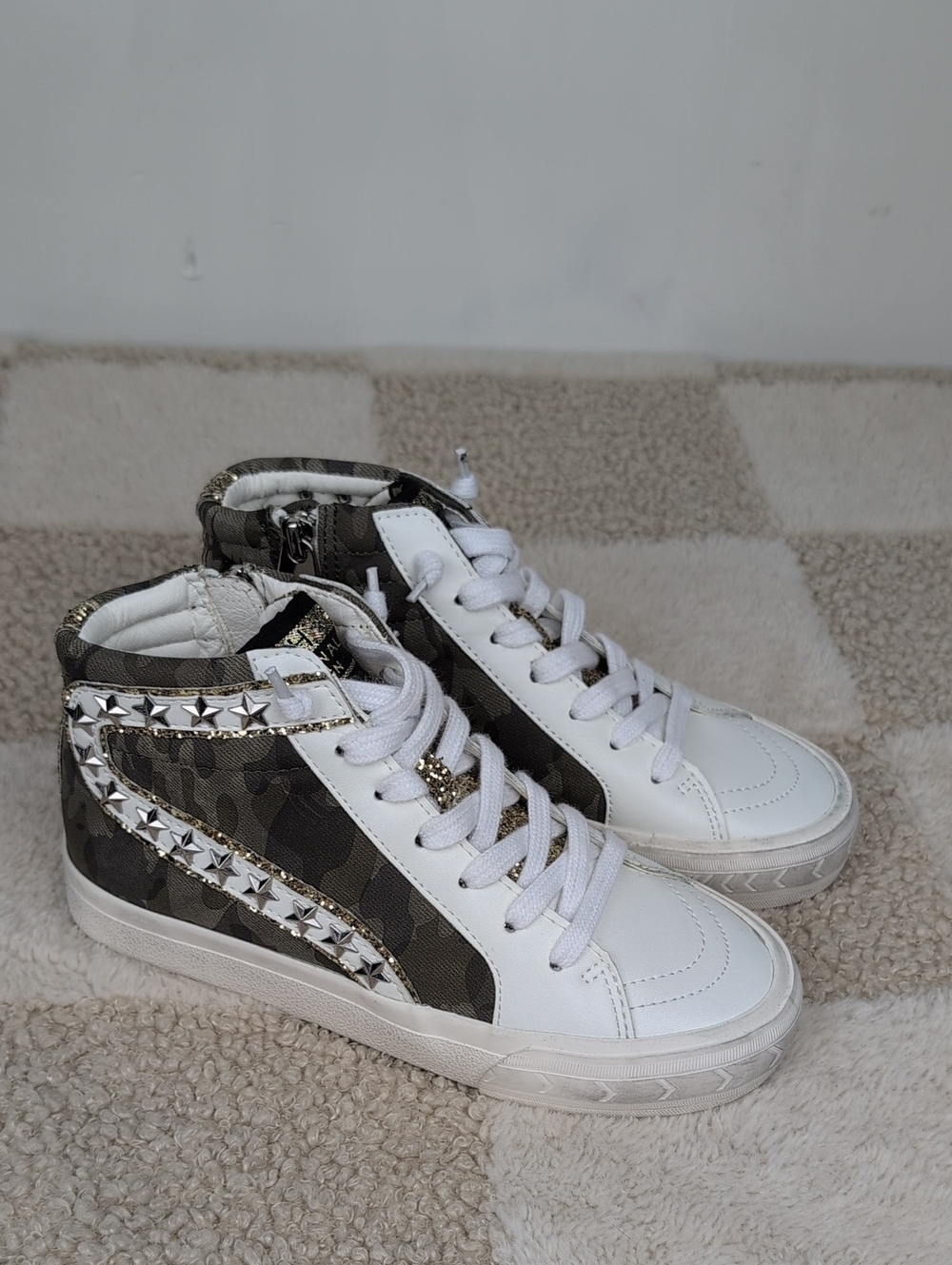 High-Top Sneakers in White and Olive  with Gold Accents